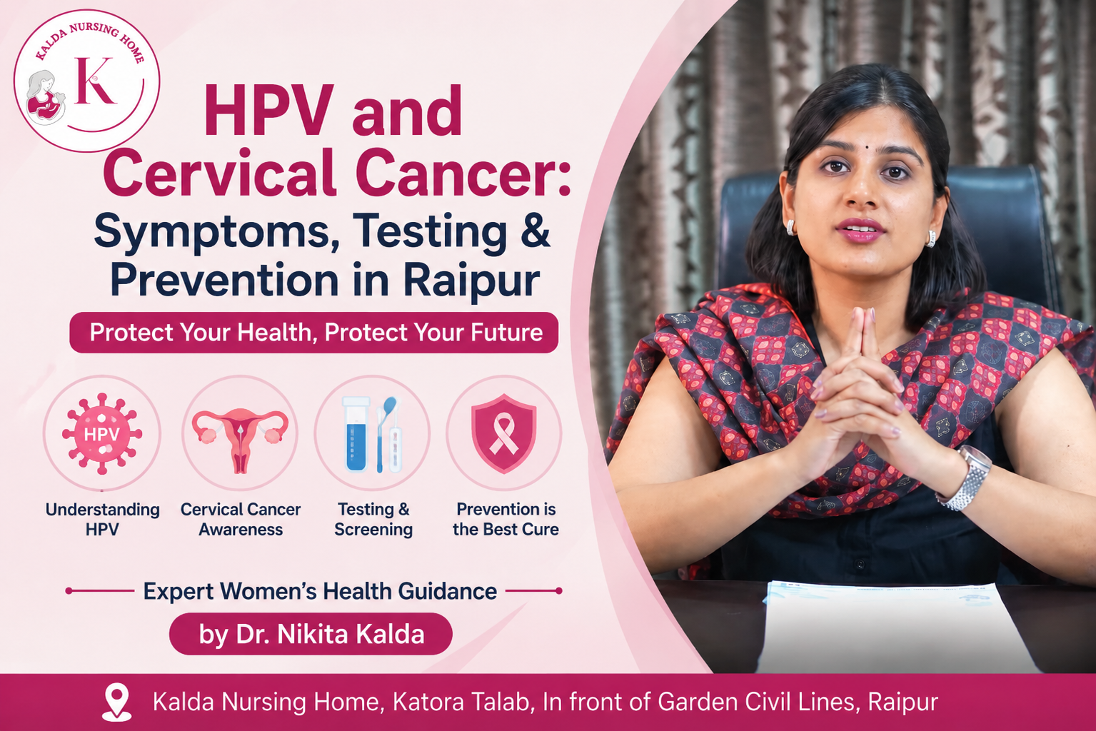 HPV and Cervical Cancer awareness banner featuring Dr. Nikita Kalda, with information about HPV, cervical cancer awareness, testing and screening, and prevention in Raipur.